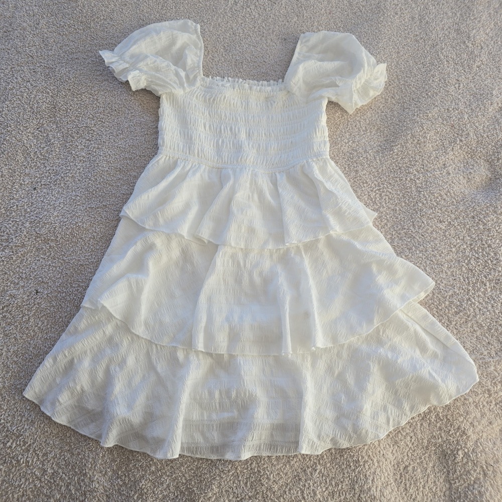 Thirty Thirty White Smocked Tiered Ruffle Sleeve Mini Dress Size M Boho-chic